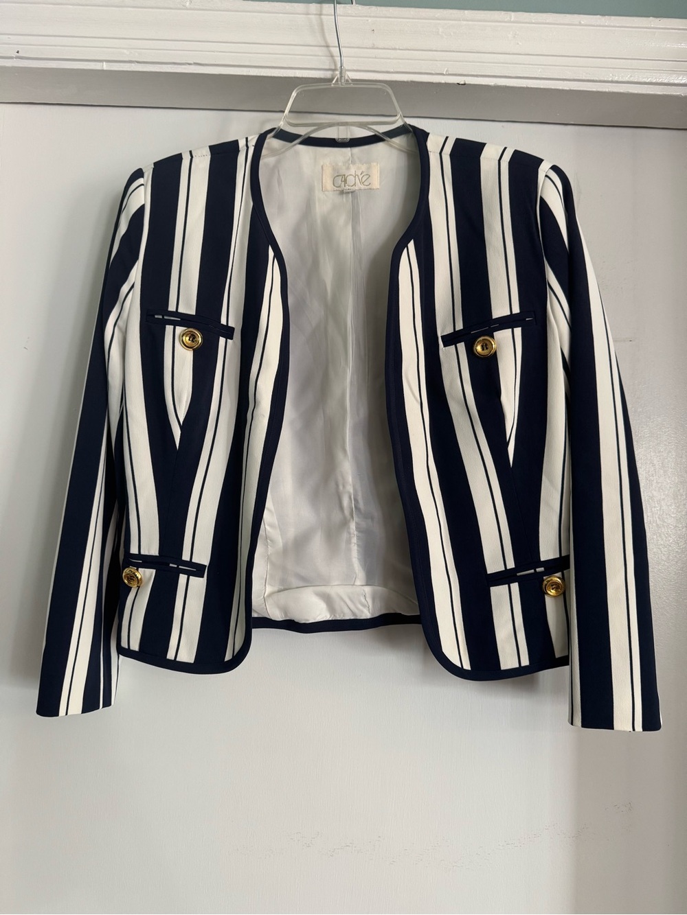 Cache navy white Stripe Blazer size 6 Gold Button Y2K Old Money Preppy resort
